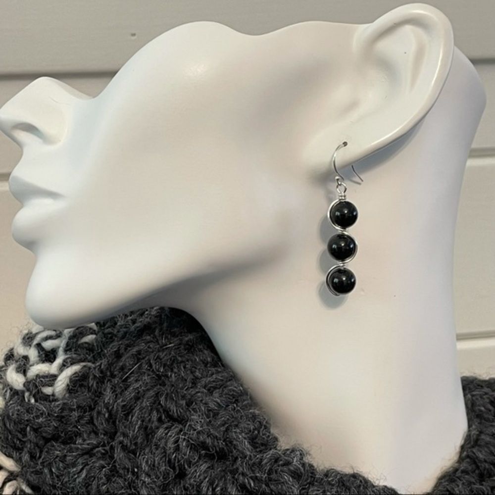 2/$49 Handmade 925 Sterling Silver Onyx Wire Wrap Earrings Minimalist Night Gift - Picture 2 of 3